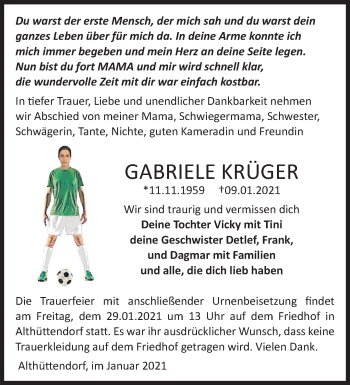 Traueranzeige von Gabriele Krüger von Märkische Oderzeitung