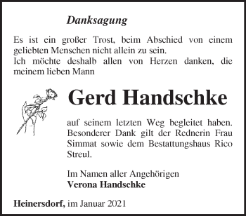 Traueranzeige von Gerd Handschke von Märkische Oderzeitung