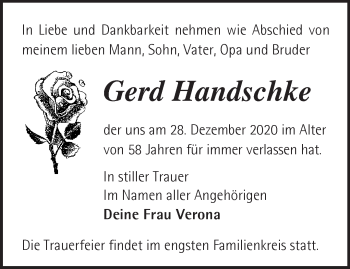 Traueranzeige von Gerd Handschke von Märkische Oderzeitung