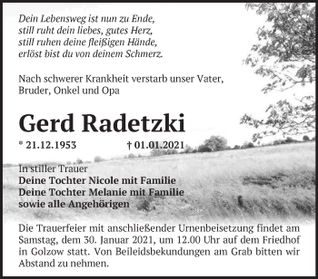 Traueranzeige von Gerd Radetzki von Märkische Oderzeitung