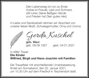 Traueranzeige von Gerda Kuschel von Märkische Oderzeitung