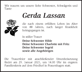 Traueranzeige von Gerda Lassan von Märkische Oderzeitung