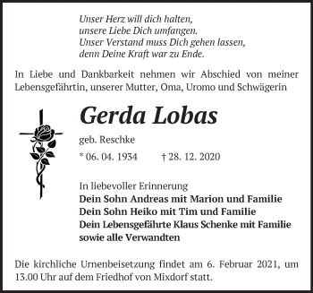 Traueranzeige von Gerda Lobas von Märkische Oderzeitung