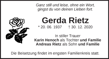 Traueranzeige von Gerda Rietz von Märkische Oderzeitung