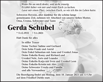 Traueranzeige von Gerda Schulbel von Märkische Oderzeitung