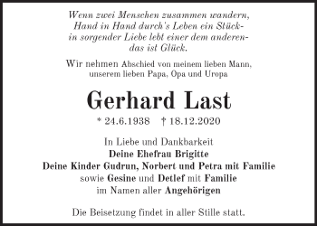 Traueranzeige von Gerhard Last von Märkische Oderzeitung