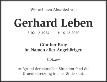 Traueranzeige von Gerhard Leben von Märkische Oderzeitung