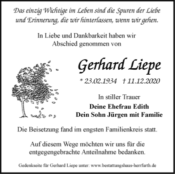 Traueranzeige von Gerhard Liepe von Märkische Oderzeitung