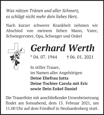 Traueranzeige von Gerhard Werth von Märkische Oderzeitung