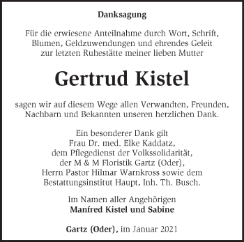 Traueranzeige von Gertrud Kistel von Märkische Oderzeitung