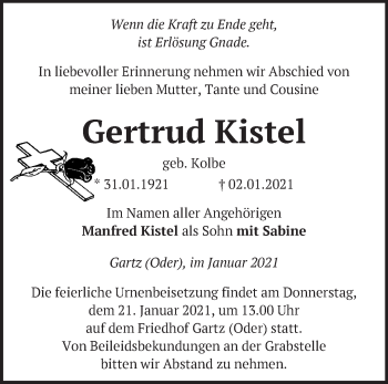 Traueranzeige von Gertrud Kistel von Märkische Oderzeitung