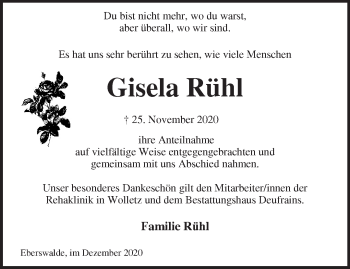 Traueranzeige von Gisela Rühl von Märkische Oderzeitung