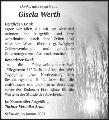 Traueranzeige von Gisela Werth von Märkische Oderzeitung