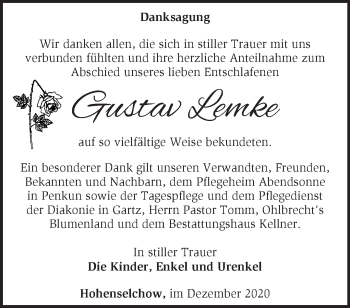 Traueranzeige von Gustav Lemke von Märkische Oderzeitung