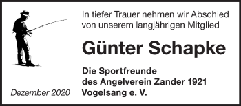 Traueranzeige von Günter Schapke von Märkische Oderzeitung