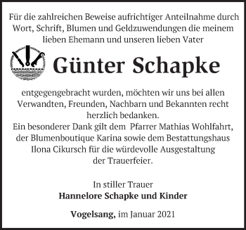 Traueranzeige von Günter Schapke von Märkische Oderzeitung