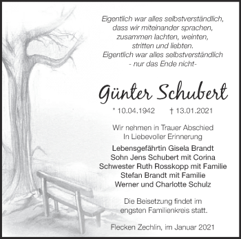 Traueranzeige von Günter Schubert von Märkische Oderzeitung