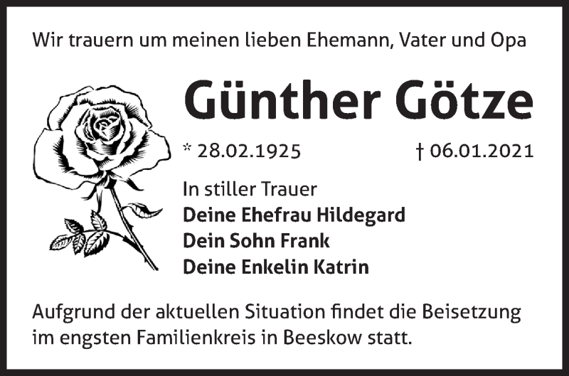  Traueranzeige für Günther Götze vom 14.01.2021 aus Märkische Oderzeitung