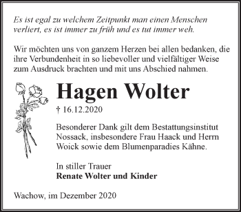 Traueranzeige von Hagen Wolter von Märkische Oderzeitung