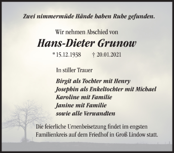 Traueranzeige von Hans-Dieter Grunow von Märkische Oderzeitung