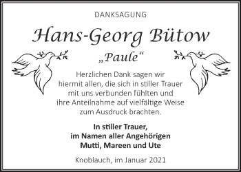 Traueranzeige von Hans-Georg Bütow von Märkische Oderzeitung