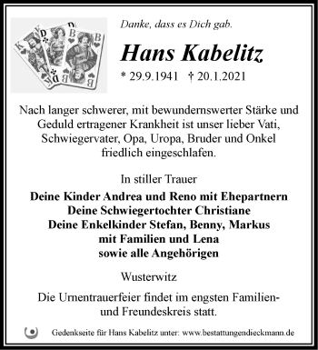 Traueranzeige von Hans Kabelitz von Märkische Oderzeitung