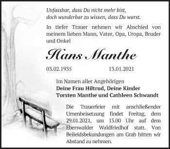 Traueranzeige von Hans Manthe von Märkische Oderzeitung