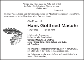 Traueranzeige von Hans Gottfried Masuhr von Märkische Oderzeitung