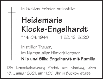 Traueranzeige von Heidemarie Klocke-Engelhardt von Märkische Oderzeitung