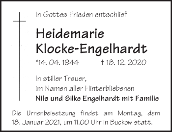 Traueranzeige von Heidemarie Klocke-Engelhardt von Märkische Oderzeitung