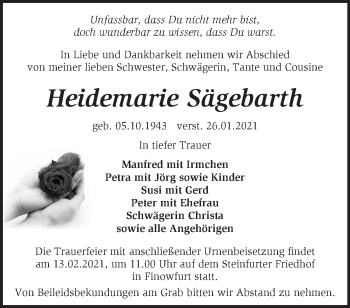 Traueranzeige von Heidemarie Sägebarth von Märkische Oderzeitung