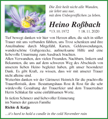 Traueranzeige von Heino Roßbach von Märkische Oderzeitung