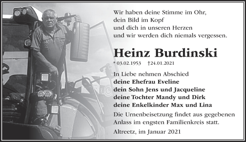  Traueranzeige für Heinz Burdinski vom 28.01.2021 aus Märkische Oderzeitung