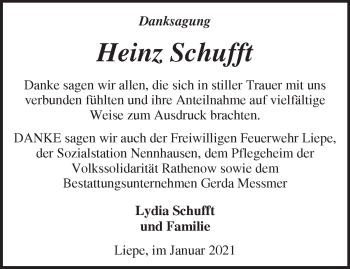 Traueranzeige von Heinz Schufft von Märkische Oderzeitung