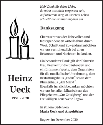 Traueranzeige von Heinz Ueck von Märkische Oderzeitung