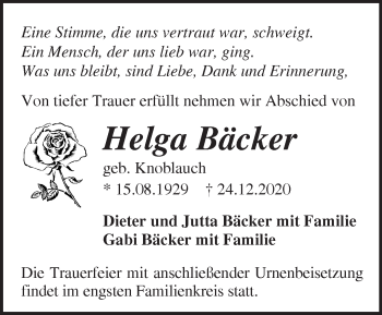 Traueranzeige von Helga Bäcker von Märkische Oderzeitung