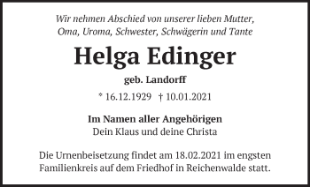 Traueranzeige von Helga Edinger von Märkische Oderzeitung