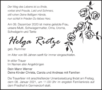 Traueranzeige von Helga Rietze von Märkische Oderzeitung