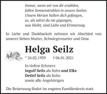 Traueranzeige von Helga Seilz von Märkische Oderzeitung