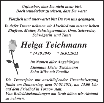 Traueranzeige von Helga Teichmann von Märkische Oderzeitung