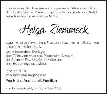 Traueranzeige von Helga Ziemmeck von Märkische Oderzeitung