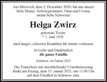 Traueranzeige von Helga Zwirz von Märkische Oderzeitung