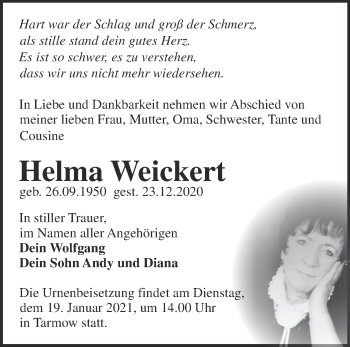 Traueranzeige von Helma Weickert von Märkische Oderzeitung