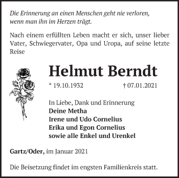 Traueranzeige von Helmut Berndt von Märkische Oderzeitung