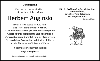 Traueranzeige von Herbert Auginski von Märkische Oderzeitung