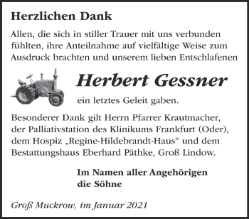 Traueranzeige von Herbert Gessner von Märkische Oderzeitung