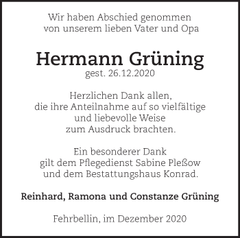 Traueranzeige von Hermann Grüning von Märkische Oderzeitung