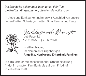 Traueranzeige von Hildegard Dunst von Märkische Oderzeitung