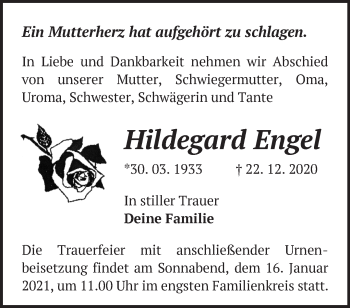 Traueranzeige von Hildegard Engel von Märkische Oderzeitung