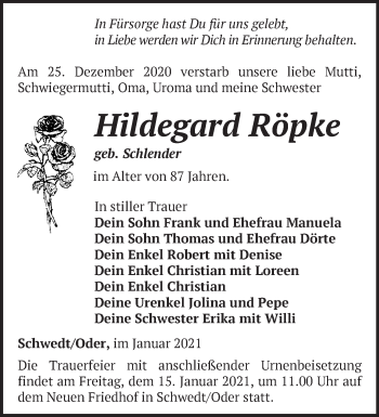 Traueranzeige von Hildegard Röpke von Märkische Oderzeitung